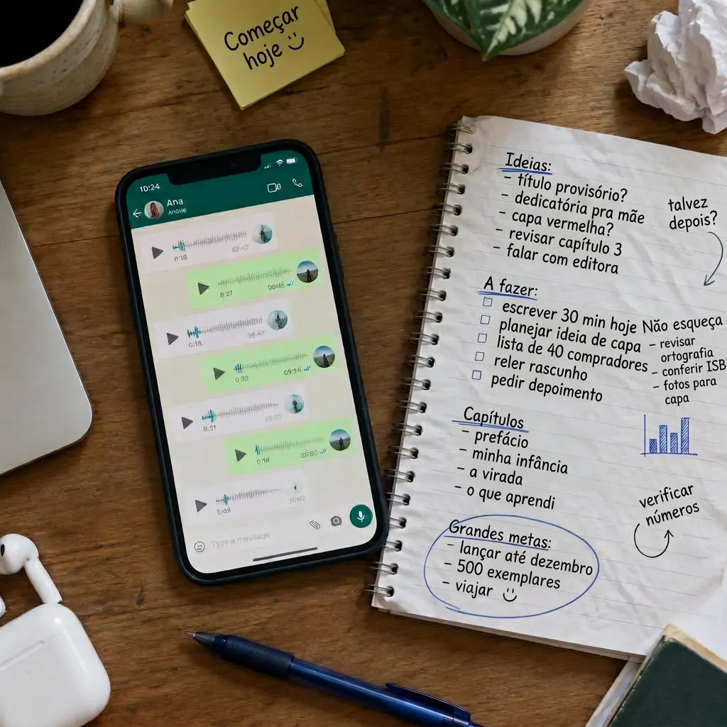 Áudios no WhatsApp e caderno rabiscado: o conteúdo bruto antes de virar livro