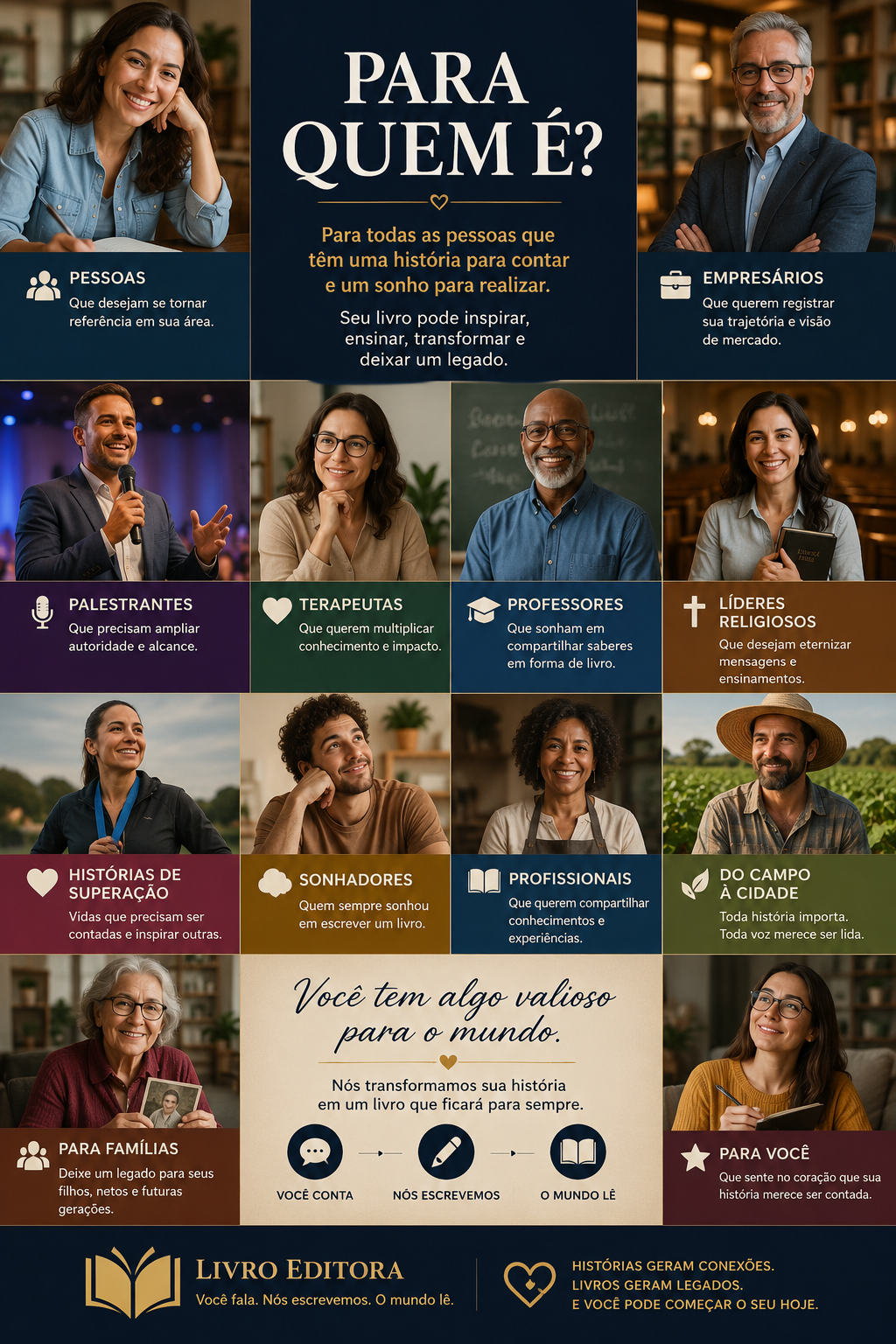 Para quem é a Livro Editora: pessoas, empresários, palestrantes, terapeutas, professores, líderes religiosos, famílias e sonhadores